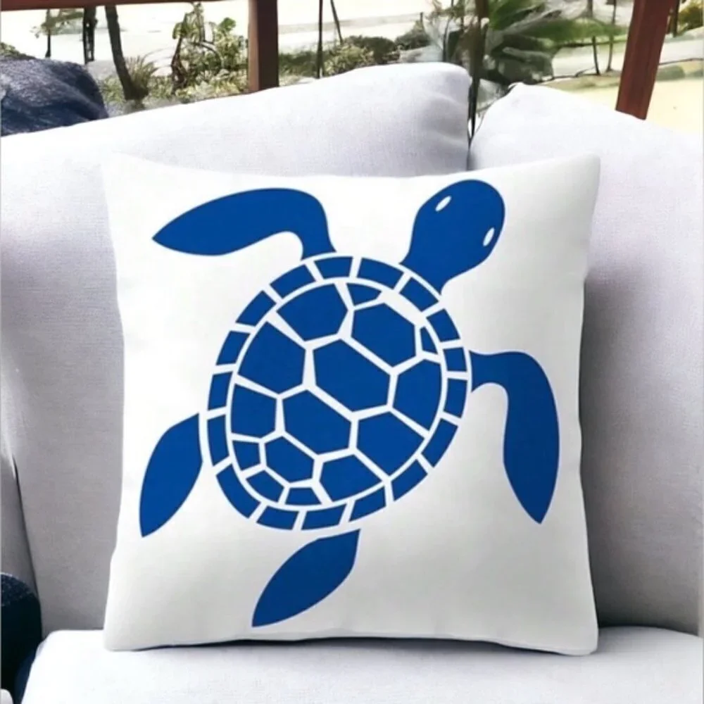 Coastal Pillow Cover Sea Turtle Nautical Graphic Beach 17.7 in Square Blue White
